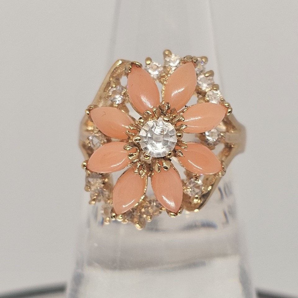 Vtg Coral Flower Cocktail Ring 18k Yellow Gold Plated CZ Accent Size 6 NOS - $29.99