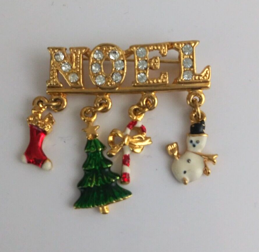 Noel Jeweled Gold Tone Dangling Christmas Lapel Hat Pin - $6.44