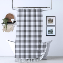 Grey and White Buffalo Check Shower Curtain, Plaid Shower Curtain with Boho Tass - £15.88 GBP