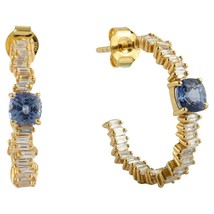 1.35 Ct Blue Sapphire and Diamonds Hoop Earrings 14k Solid Yellow Gold - £1,737.80 GBP