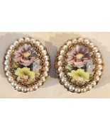 West Germany Clip Earrings Large Floral Porcelain Pearl Border Filigree Set - $68.47 CAD
