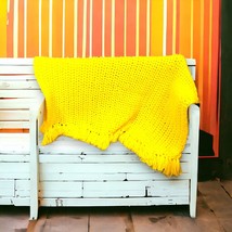 Vintage Handmade Yellow Afghan 62in x 46in w/Fringe Retro Decor Throw Blanket - £19.81 GBP