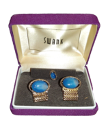 Swank Cuff links &amp; Tie Pin Set Gold Tone Genuine Hemimorphite Vintage Mi... - €43,21 EUR