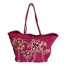 Vera Bradley Large Straw Tote Pink Palm Trees Weekender Travel Tote Bag - £37.20 GBP