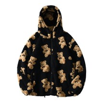 Harajuku Teddy Print Plush Jacket Women Winter 2022 Female Korean Fluffy Hooded  - £34.23 GBP