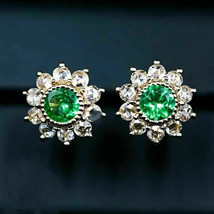 3.50Ct Round Simulated Green Emerald Halo Stud Earrings 14K Yellow Gold Plated - £37.03 GBP