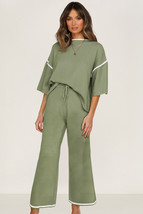 Guacamole Green Contrast Trim Half Sleeve Top Drawstring Pants Loose 2pc... - $815.83 MXN