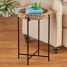 Side End Accent Table Plant Stand Seagrass w/ Removable Serving Tray Furniture - £32.98 GBP
