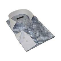 Men's Shirt MARCUZZI Turkey 100% Cotton Marc4 Navy Stripe White Collar and Cuffs image 4