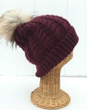 Wine Beanie Hat Warm Lined Cable Knit Faux Fur Pom Winter Ski Thick Cap ... - £18.87 GBP