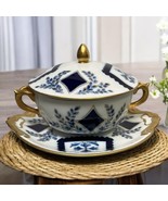 Antique Sevres Porcelain Lidded Bowl Underplate Cobalt Gold Blue Undergl... - $82.83 CAD