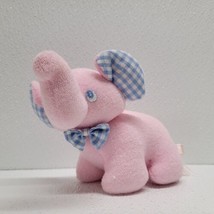 Russ Berrie Baby Pink Elephant Plush Rattle Terry Cloth Blue Ears, Eyes &amp; Bow - £15.50 GBP