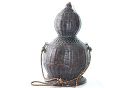 Antique Japanese Calabash Sake Bottle Hyotan Natural Gourd with Woven ba... - $790.02