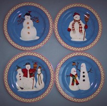 4 Debbie Mumm Snowman Salad Dessert Plates Christmas Holiday Winter Folk Art - £19.45 GBP