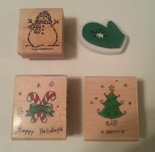 Winter Christmas Tree, Candy Cane, Snowman Mitten Wood Mounted Rubber Stamps (4) - £7.59 GBP