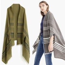 J. Crew Women&#39;s Summerweight Cape Scarf Wrap Green Black Stripe Fringe Trim - $18.60