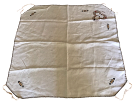 Vintage Rectangular Linen Embroidered Card Tablecloth 32" x 33", Off White - $10.44