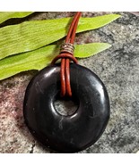 Shungite Unisex Donut Pendant Necklace Pi Stone 45mm Brown Leather Cord - £33.27 GBP