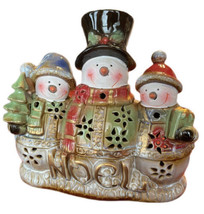 Trio Snowmen Ceramic Glazed Christmas NOEL Lightup Figurine Night Light Lamp - £23.28 GBP