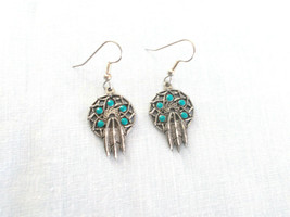 Dream Catcher Engraved Feathers And Turquoise Blue Dots Pewter Pair Of Earrings - £11.25 GBP
