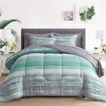 7 Piece Bed In A Bag Queen, Light Gray Stripes Reversible Design, Microf... - £59.14 GBP
