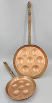 2x Copper Poached Egg Pan With Wood Handle 8&quot; and 6&quot; 7 Egg Decoration Primitive - £38.75 GBP