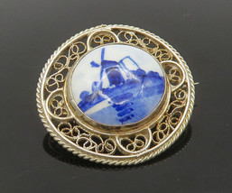 925 Sterling Silver - Vintage Enamel Windmill Scene Swirl Brooch Pin - BP8942 - £30.15 GBP