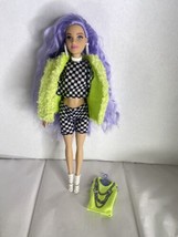 Mattel Barbie Extra Doll Green Furry Coat Outfit Shoes Long Purple Crimped Hair - £15.55 GBP