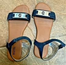 MICHAEL KORS DENIM silver MK PLATE LOGO SANDALS ankle strap flat US 5 - €10,31 EUR