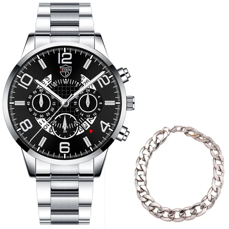 2PCS Fashion Mens celet  Set  Men  Silver Stainless Steel Watch Man Business Cas - £80.51 GBP