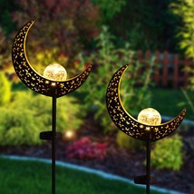 2 Pack Solar Moon Crackle Glass Globe Stake Lights, Solar Powered Garden... - £29.77 GBP