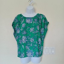 Women&#39;s Loft Floral Short Sleeve Blouse Top XS Cap Sleeves Green Blue White - £9.76 GBP