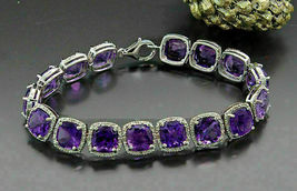 14k White Gold Finish Cushion 12.00 Ct Amethyst &amp; Diamond Nice Tennis Bracelet - £142.14 GBP