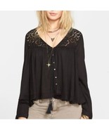 Free People &#39;Doin&#39; It Right&#39; Button Front Blouse Black Boho Flowy Lace $... - $43.76 CAD