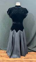 1940s Black Velvet Deco Dress w/ Rhinestones &amp; Pearls &amp; Tafetta Skirt Sz... - £53.29 GBP