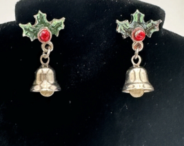 Vintage Christmas Holly With Bell Drop Post  1” Earrings Red Berry Holly Leaves - $6.80