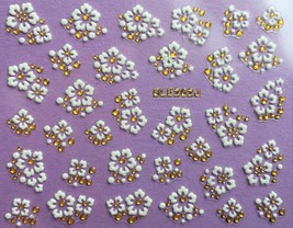 Nail Art 3D Decal Stickers White Flowers Gold Accents BLE262J - £2.54 GBP