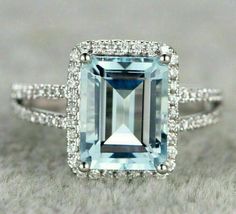 2CT Emerald Cut Aquamarine &amp; Diamond 14k White Gold Finish Halo Split Shank Ring - £62.40 GBP