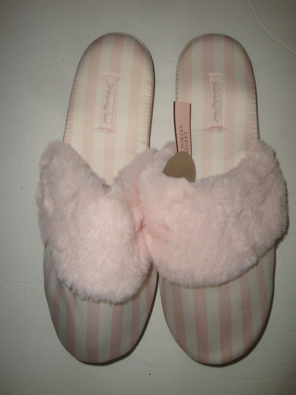 Primary image for New Victoria's Secret Classic White/Pink Stripe Satin/Faux Fur Slippers S 5/6