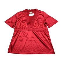 Forever Shirt Womens M Red Short Sleeve V Neck Satin Smocking Pullover Blouse - £12.76 GBP