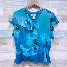 Bob Mackie Studio 100% Silk Chiffon Ruffle Peplum Blouse Blue Floral Wom... - $34.64