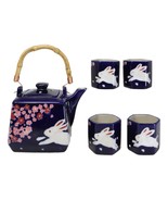 Blue Sakura Cherry Blossoms With Rabbit Hexagonal Teapot With 4 Tea Cups... - $57.62 CAD