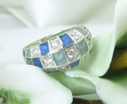 Diamonique Sterling Blue Enamel Pattern Ring - £40.65 GBP