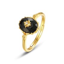 Golandstar Black Agate Rhinestones Ring for Women Adjustable Jewelry Ring S925 S - £21.98 GBP