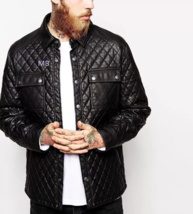 Quilted Leather Jacket Cafe Racer Trucker Shirt Real Sheep Skin - $116.92