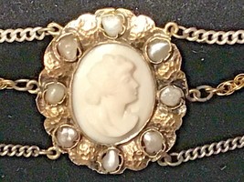 Sterling  Cameo Necklace Natural Pearls Cleopatra Style 3 Chain Drop UNUSUAL - £161.46 GBP