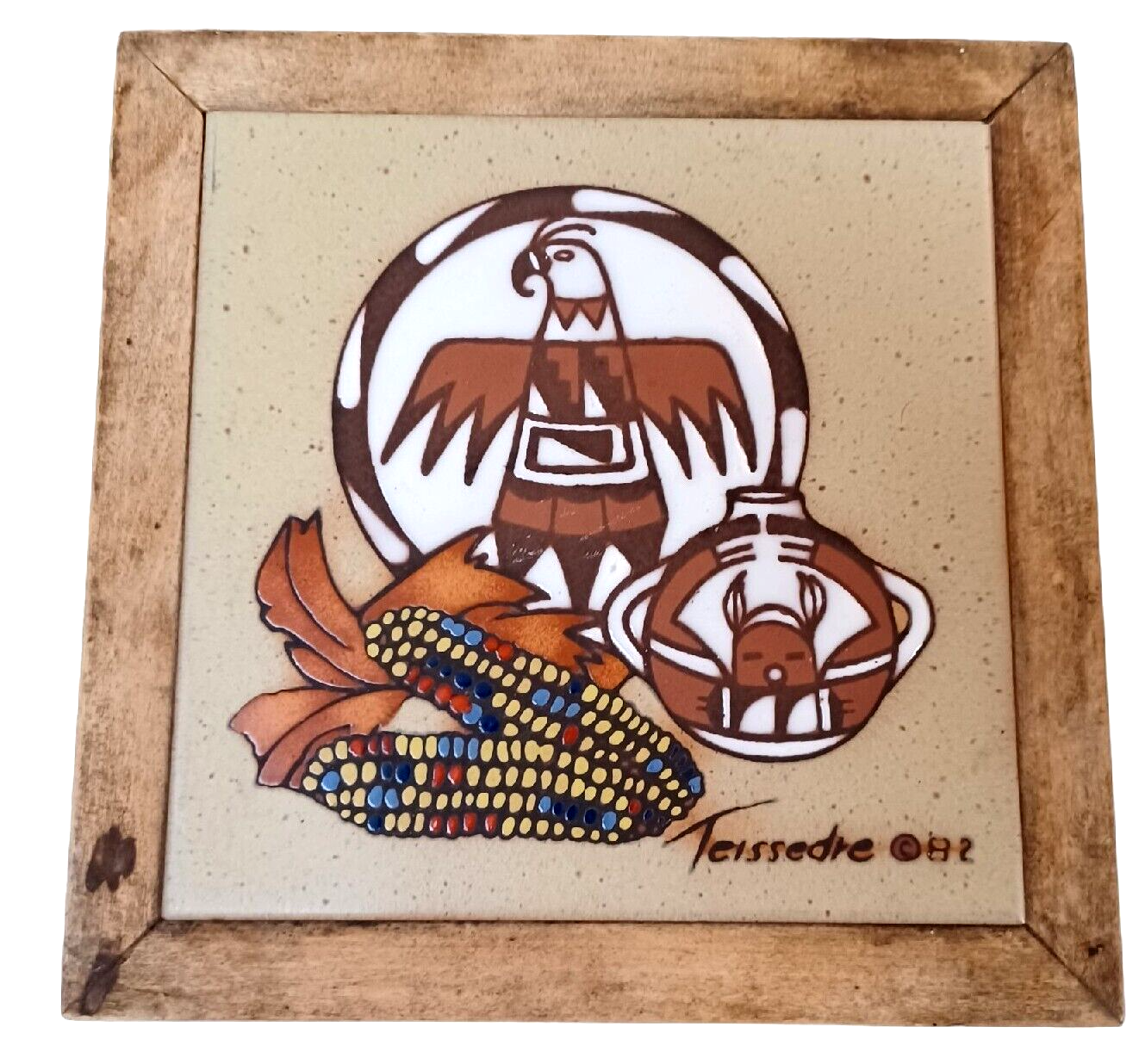 Vintage Cleo Teissedre Tile trivet Wall Art Hanger Thunderbird &amp; Corn 6” - $9.85