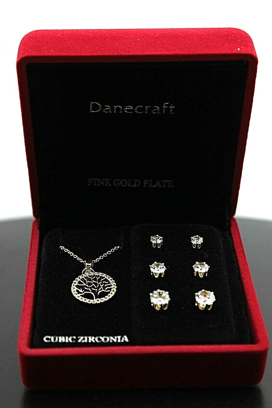 Danecraft Cubic Zirconia 3 Stud Earrings & Tree Necklace Set, Fine Gold Plate - $14.25