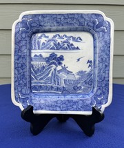 Japanese old imari square plate, blue &amp; white 8&quot;, tree, buildings, mount... - $1,830.31 MXN