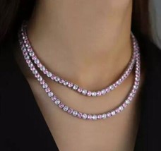 New 4mm Round Simulated Pink Sapphire Tennis  Necklace in Solid 925 Silver - 18&quot; - £180.43 GBP